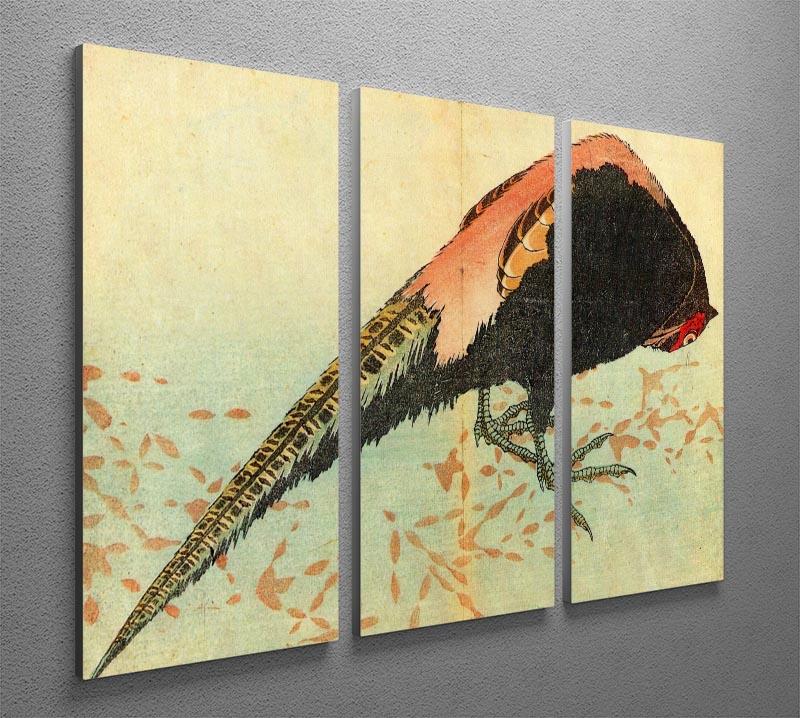 Three-panel canvas print featuring Hokusai's Pheasant on the Snow artwork, showcasing vibrant colors and intricate details.