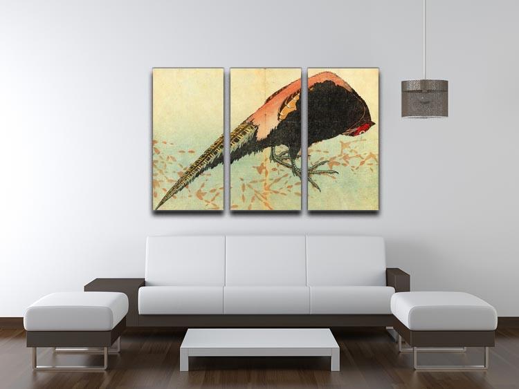 Three-panel canvas print featuring Hokusai's Pheasant on the Snow artwork, showcasing vibrant colors and intricate details.