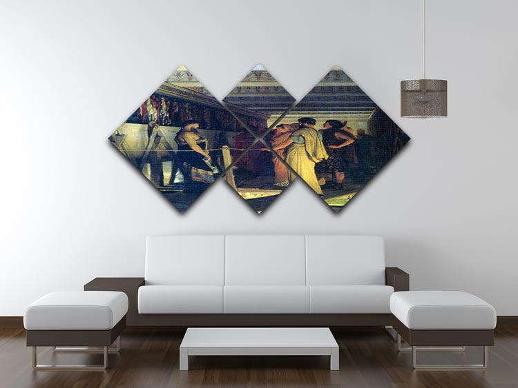 A detailed artwork featuring the Parthenon frieze, divided into four equal square panels, showcasing intricate designs and vibrant colors.