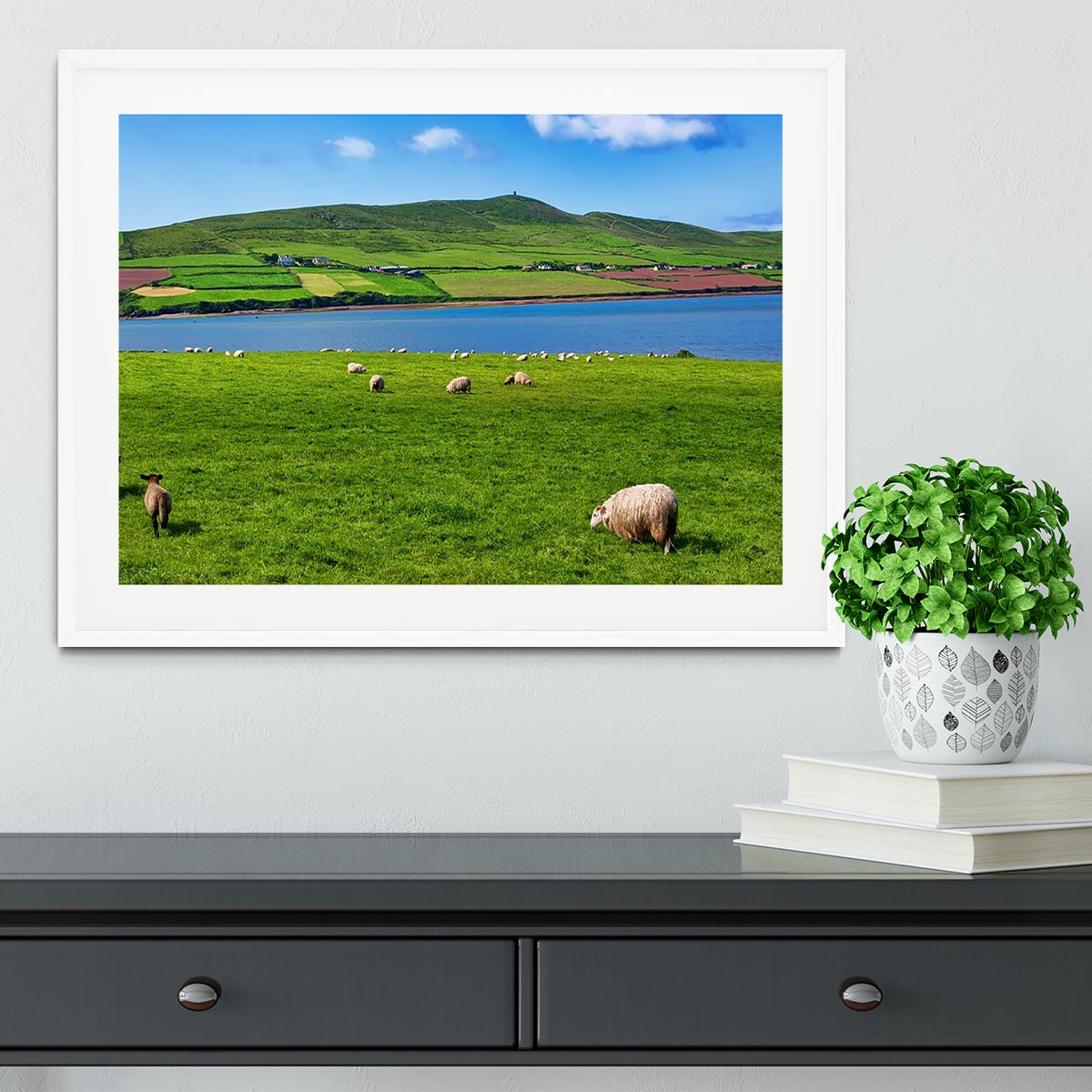 Framed print of a sheep in a rural landscape, showcasing vibrant colors and high-quality craftsmanship.