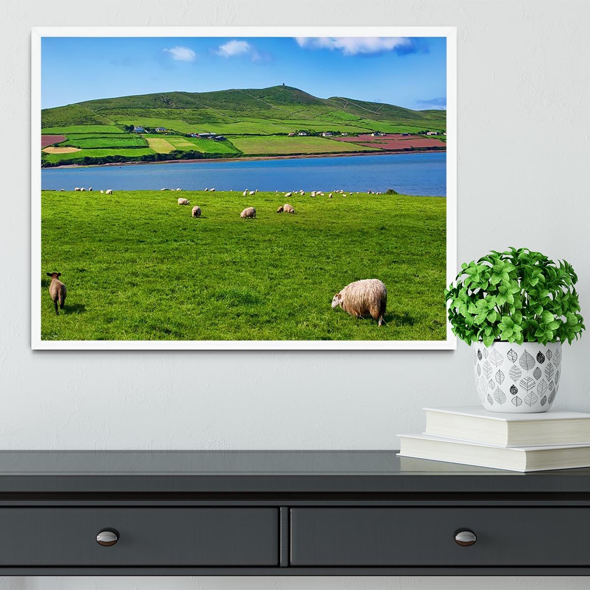 Framed print of a sheep in a rural landscape, showcasing vibrant colors and high-quality craftsmanship.