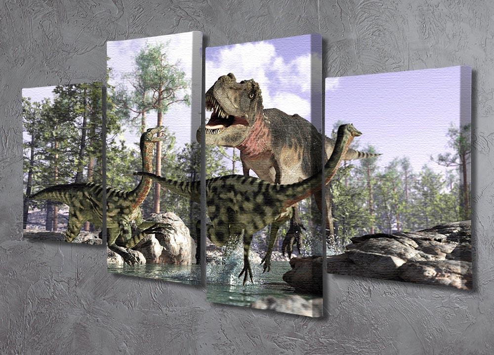 A stunning 4-panel canvas artwork featuring a photorealistic Tyrannosaurus Rex in a dynamic 3D scene.
