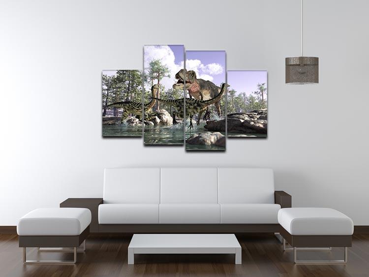 A stunning 4-panel canvas artwork featuring a photorealistic Tyrannosaurus Rex in a dynamic 3D scene.