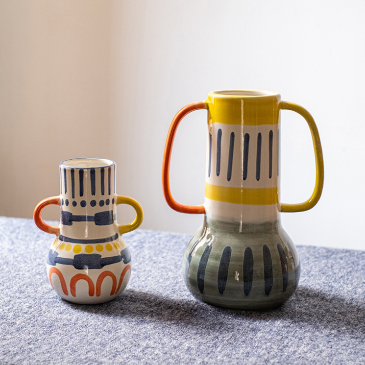 A beautifully handcrafted Picasso Ceramic Art Table Vase with handles, showcasing a vibrant multi-color glazed finish.