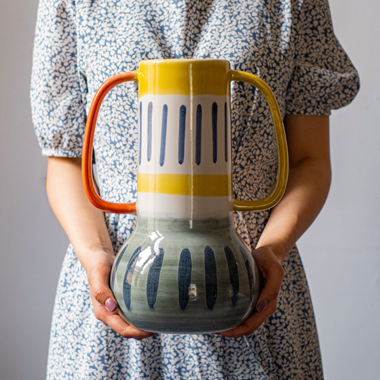A beautifully handcrafted Picasso Ceramic Art Table Vase with handles, showcasing a vibrant multi-color glazed finish.