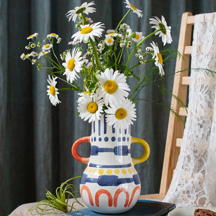 A beautifully handcrafted Picasso Ceramic Art Table Vase with handles, showcasing a vibrant multi-color glazed finish.