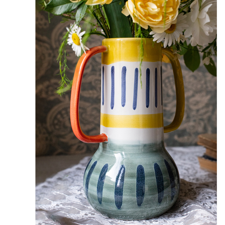 A beautifully handcrafted Picasso Ceramic Art Table Vase with handles, showcasing a vibrant multi-color glazed finish.