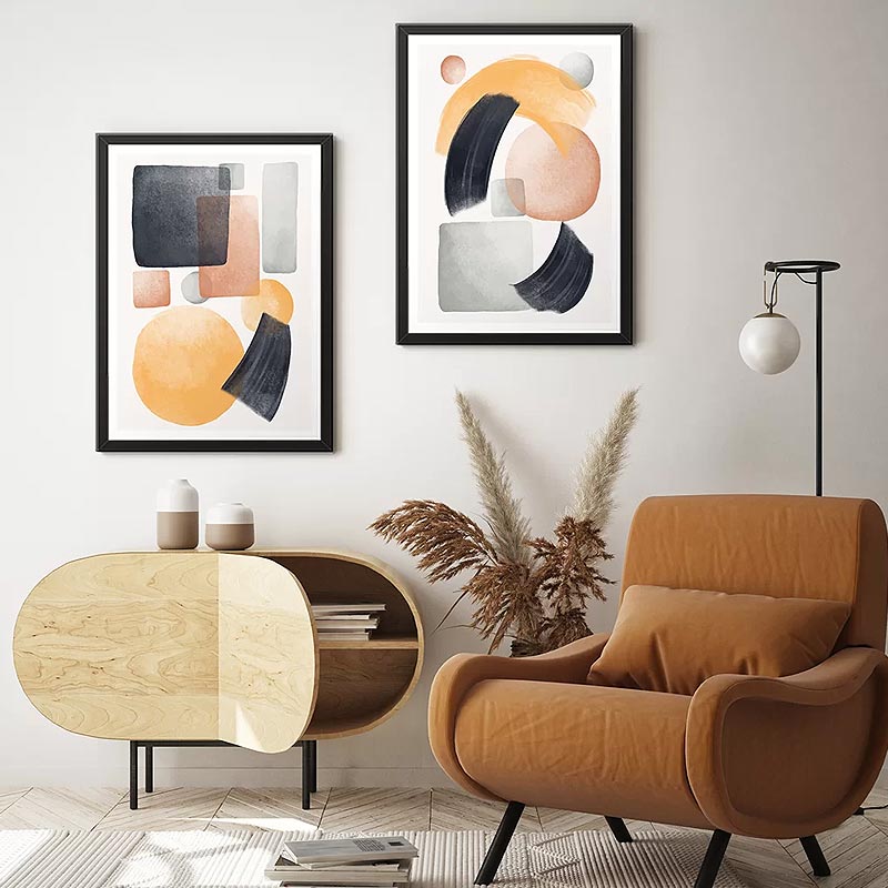 Two-piece SHAPES picture frame set, dimensions 35x45x2 cm, featuring vibrant colors and a modern design.