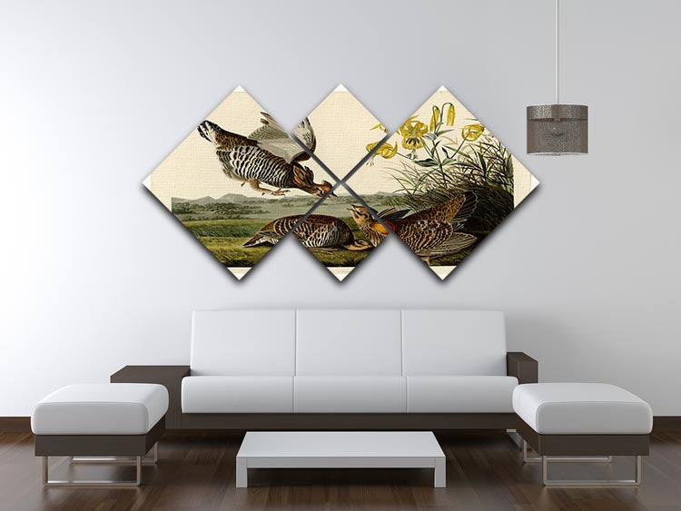 A beautiful multi-panel canvas artwork featuring the Pinnated Grouse, showcasing vibrant colors and intricate details across four square sections.
