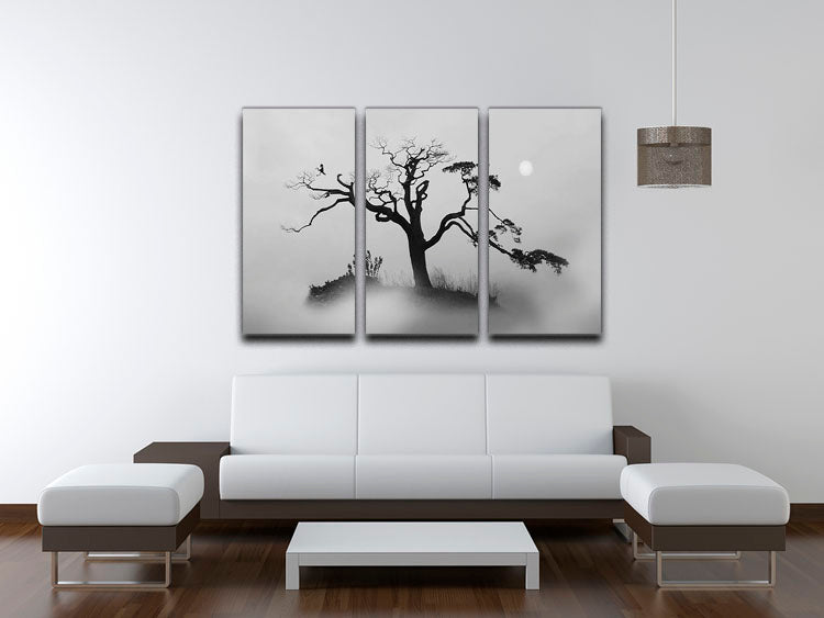 A serene 3-panel canvas print featuring pine trees in fog, creating a tranquil atmosphere.