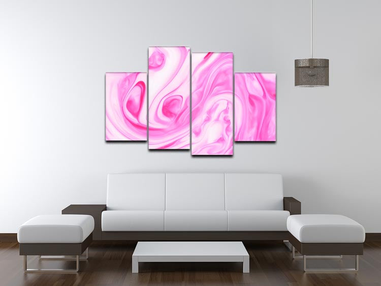 A vibrant pink abstract swirl artwork divided into four equal canvas panels, creating a dynamic and modern display.