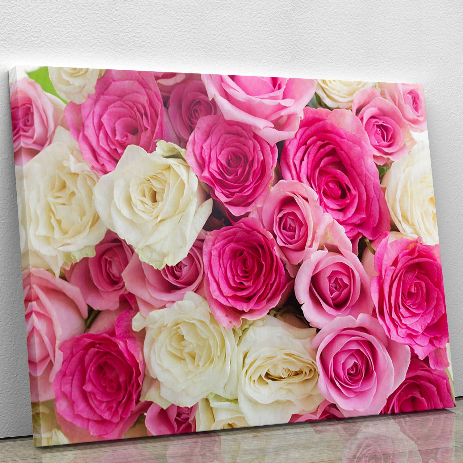 A beautiful canvas print featuring pink and white fresh rose flowers, showcasing their delicate petals and vibrant colors.