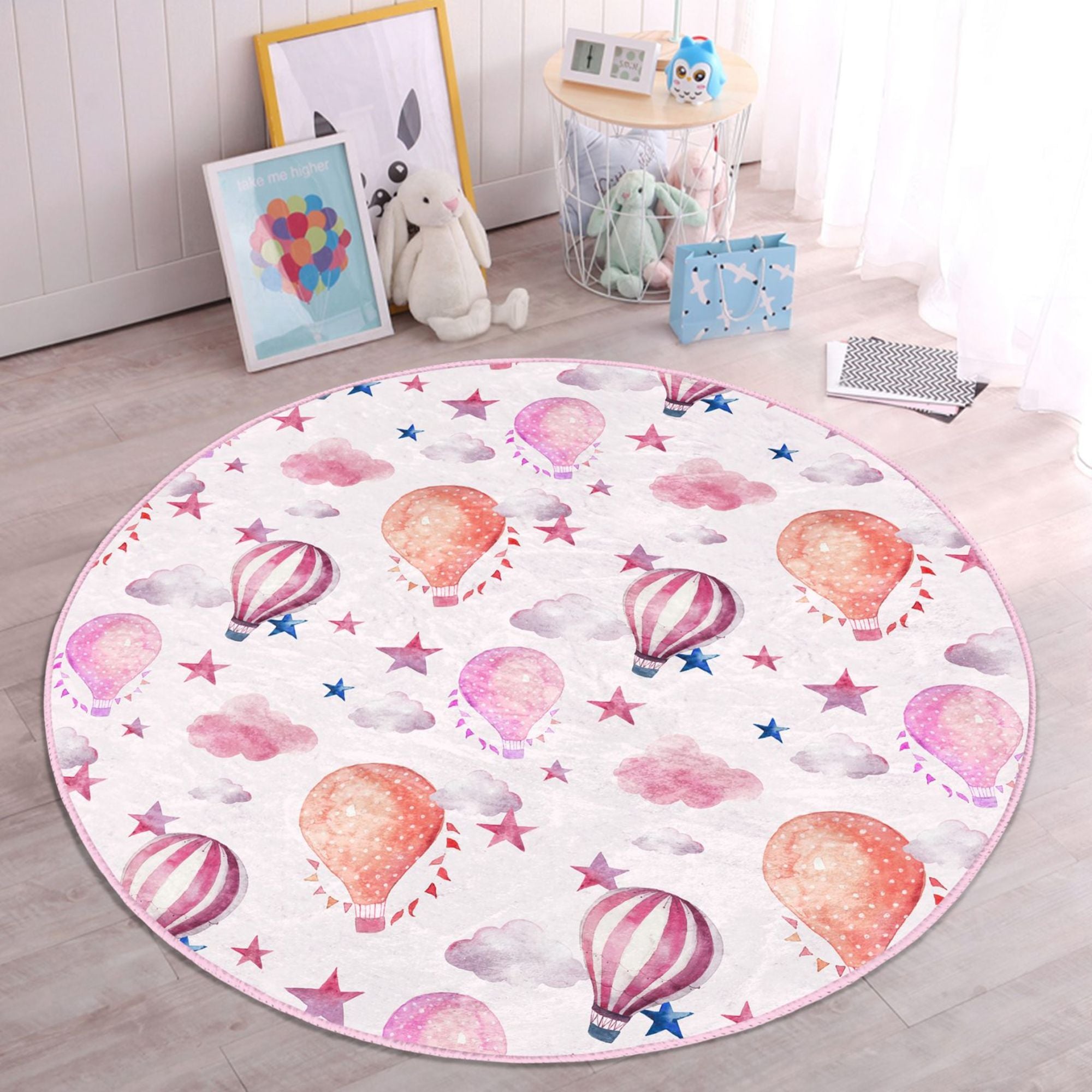 A colorful pink balloons patterned rug designed for kids' rooms, showcasing a playful and vibrant design suitable for children's decor.