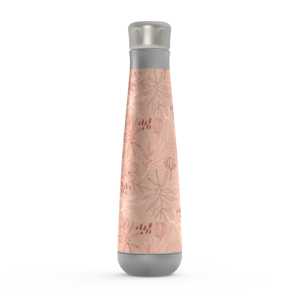 Stylish Pink Desert Leaf Water Bottle made of stainless steel with a screw-on lid, featuring a vibrant pink design and vacuum insulation.
