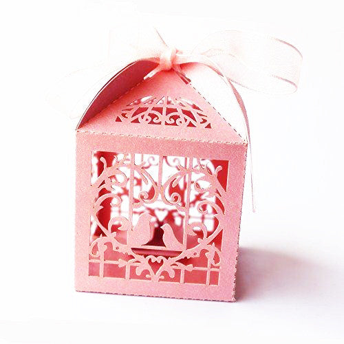A pack of 10 pink dove bird boxes designed for baby naming ceremonies, elegantly shaped and perfect for favors.