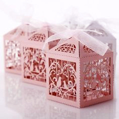 A pack of 10 pink dove bird boxes designed for baby naming ceremonies, elegantly shaped and perfect for favors.