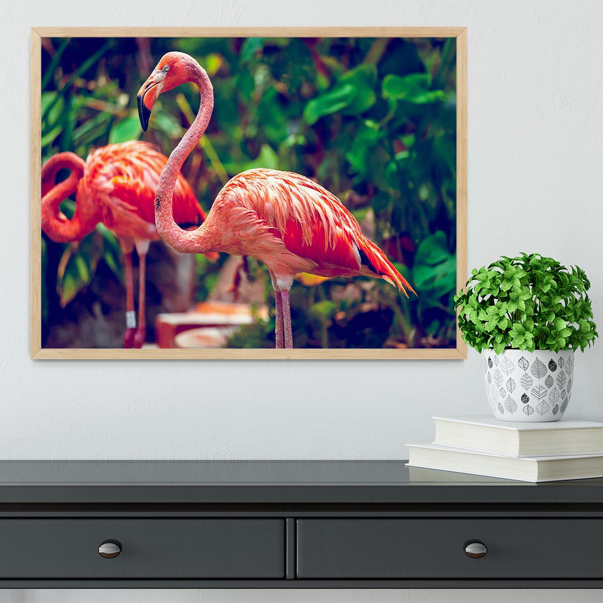 Close-up of a pink flamingo in a framed print, showcasing vibrant colors and intricate details.