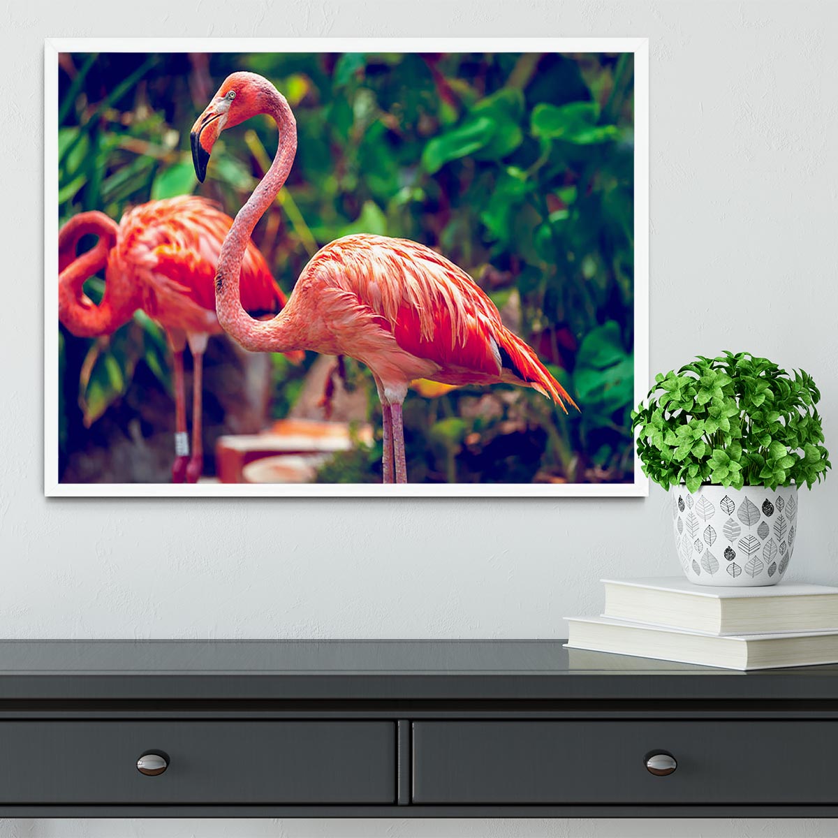 Close-up of a pink flamingo in a framed print, showcasing vibrant colors and intricate details.