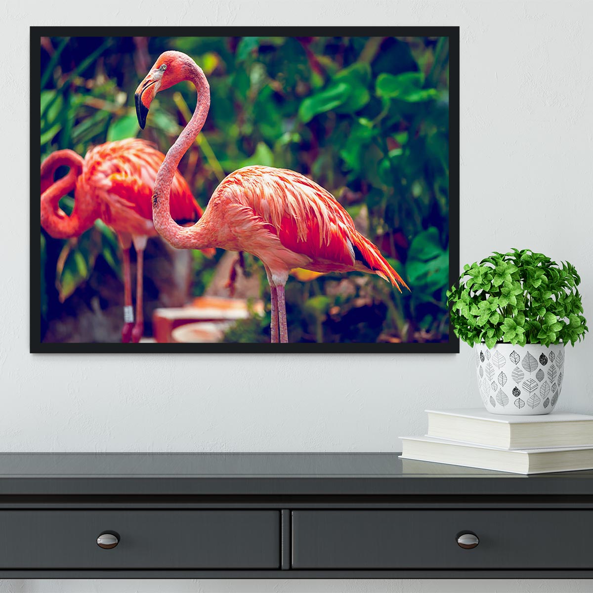 Close-up of a pink flamingo in a framed print, showcasing vibrant colors and intricate details.