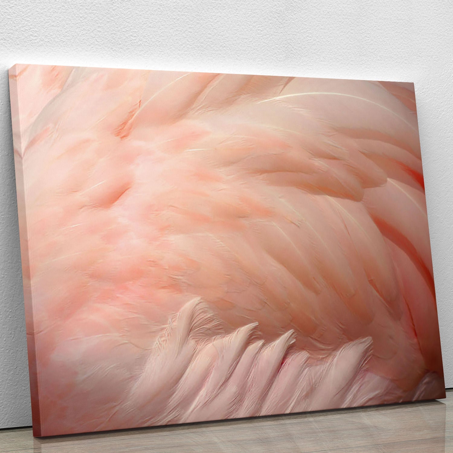 A vibrant canvas print featuring pink flamingo feathers, showcasing intricate details and rich colors, perfect for home decor.