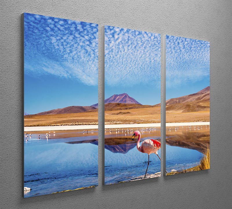 A vibrant 3-panel canvas print featuring a pink flamingo walking through a scenic background, perfect for home decor.