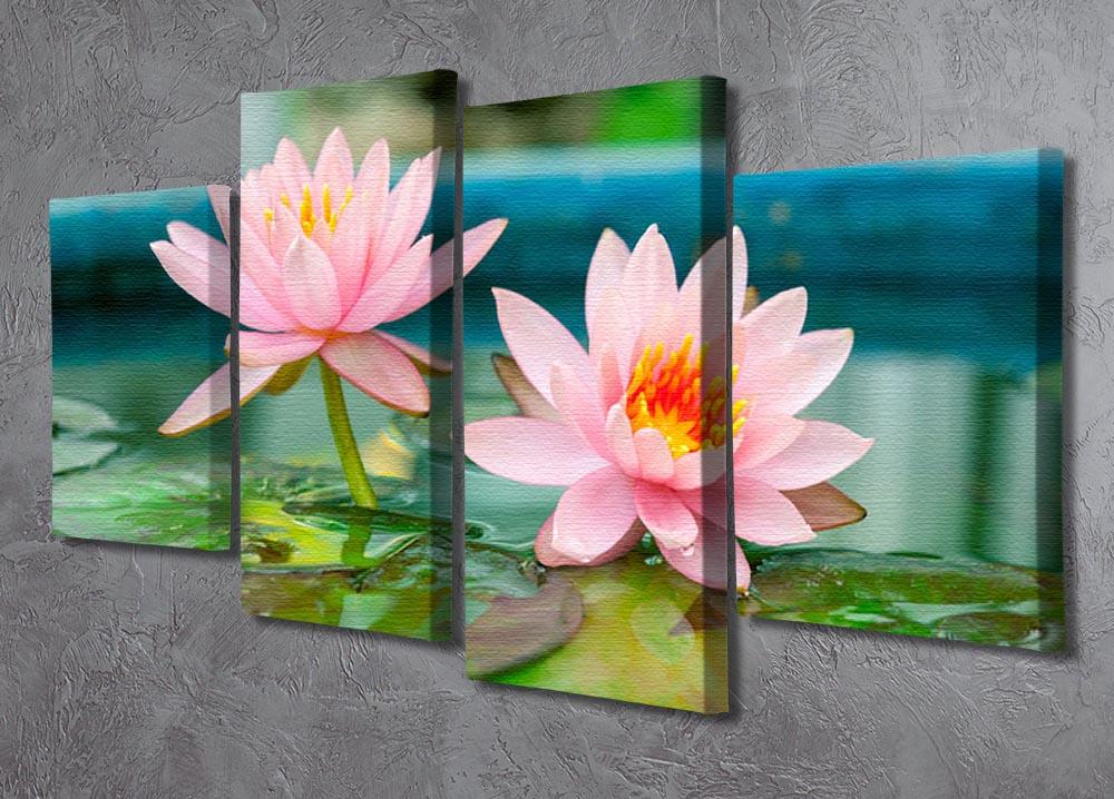 A beautiful 4 split panel canvas featuring a pink lotus flower in a serene pond setting, showcasing vibrant colors and intricate details.