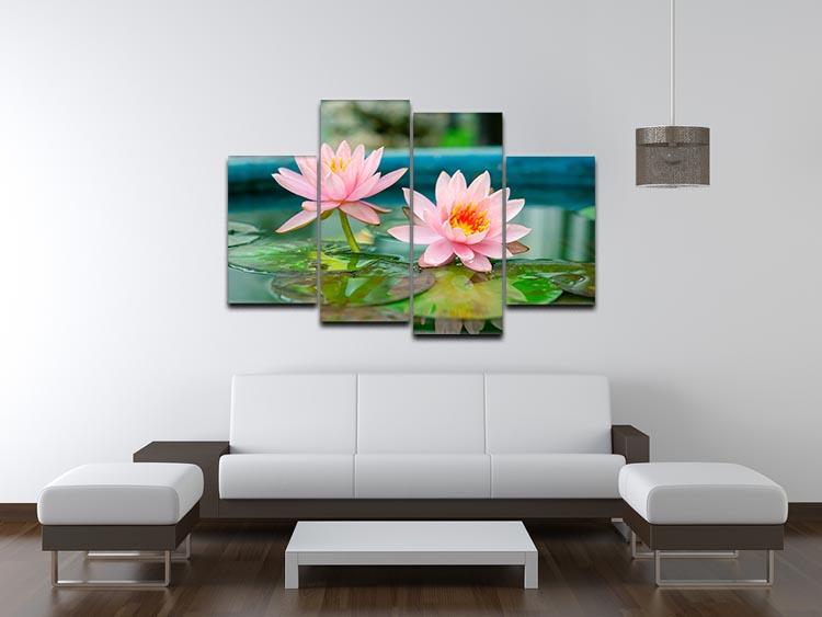 A beautiful 4 split panel canvas featuring a pink lotus flower in a serene pond setting, showcasing vibrant colors and intricate details.