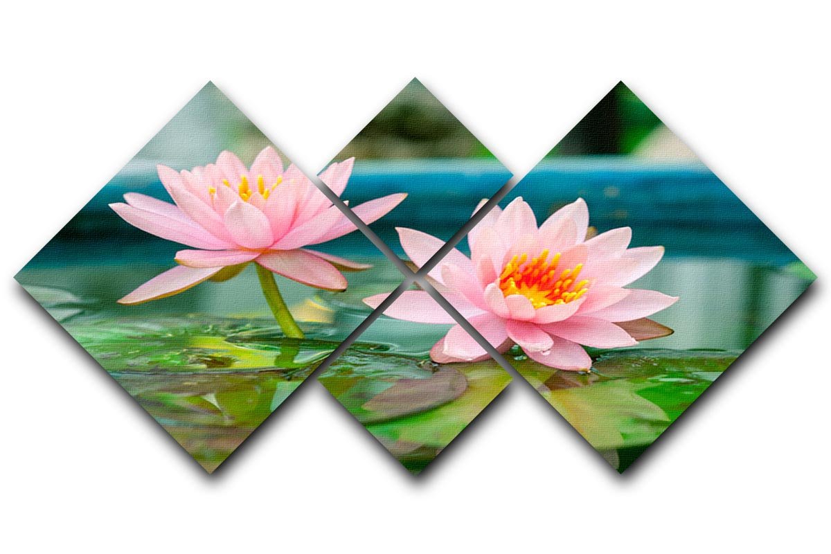 A beautiful pink lotus flower in a serene pond, displayed on a 4-square multi-panel canvas artwork.