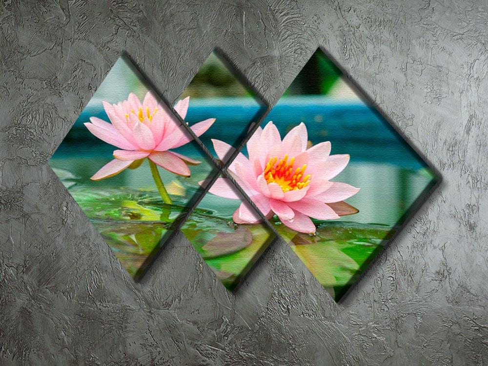 A beautiful pink lotus flower in a serene pond, displayed on a 4-square multi-panel canvas artwork.