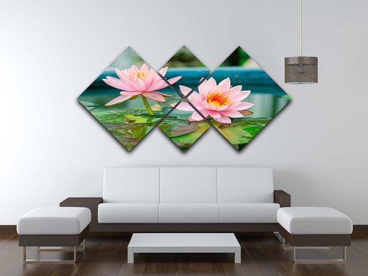 A beautiful pink lotus flower in a serene pond, displayed on a 4-square multi-panel canvas artwork.