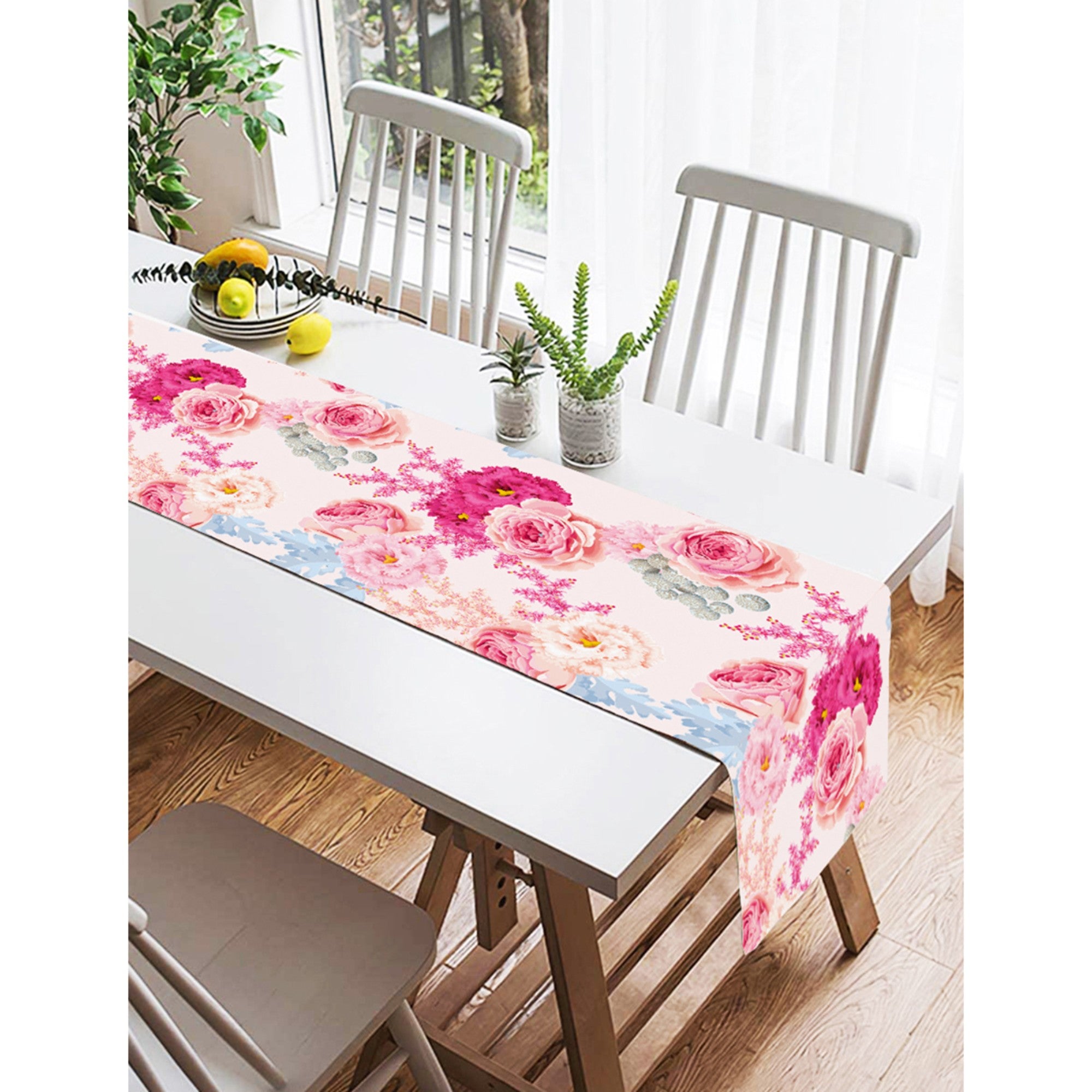 Pink Rose Decorative Table Linens featuring vibrant floral design on a soft fabric blend.