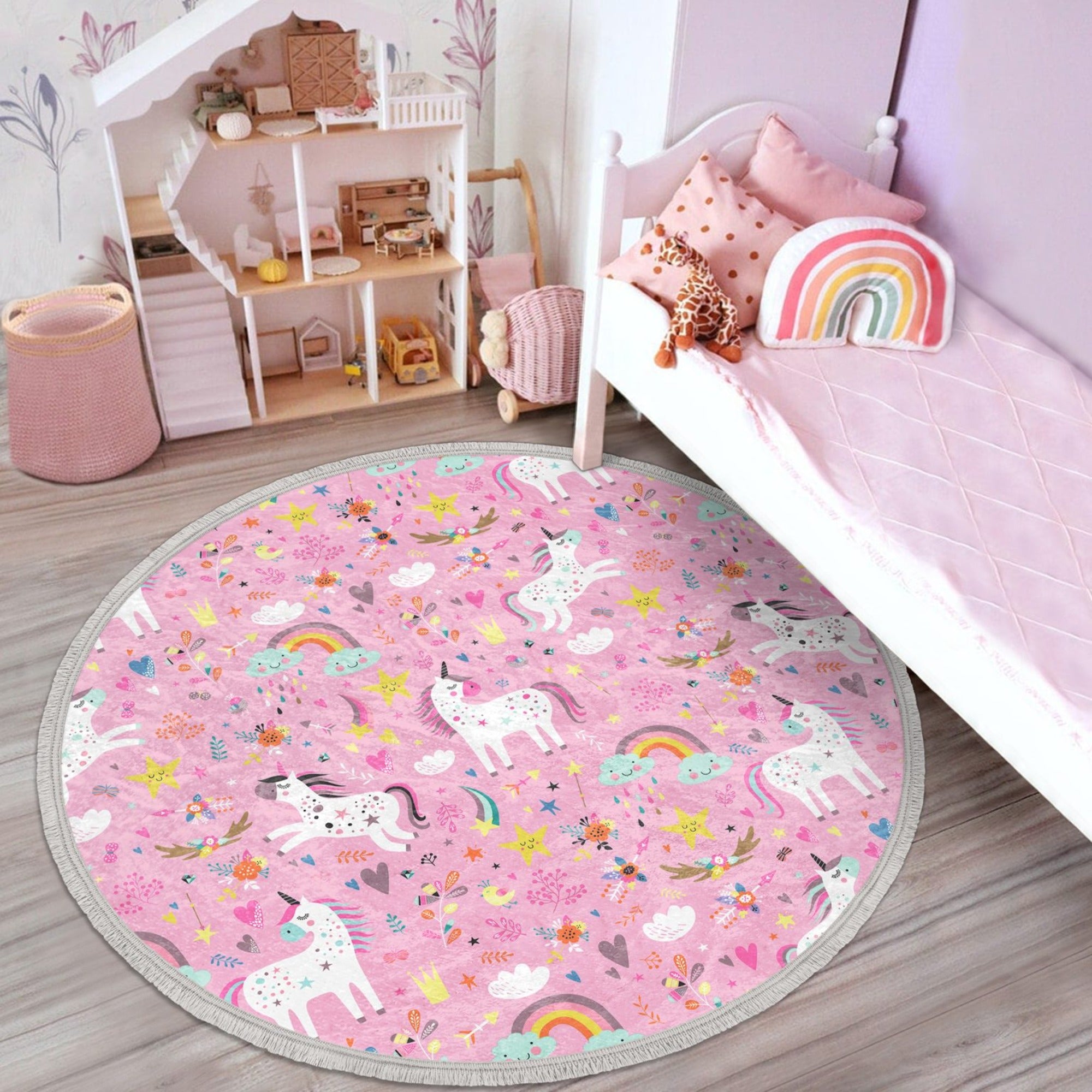A vibrant pink round rug featuring a whimsical unicorn print, perfect for girls' rooms, made from soft velvet fabric with a non-slip backing.
