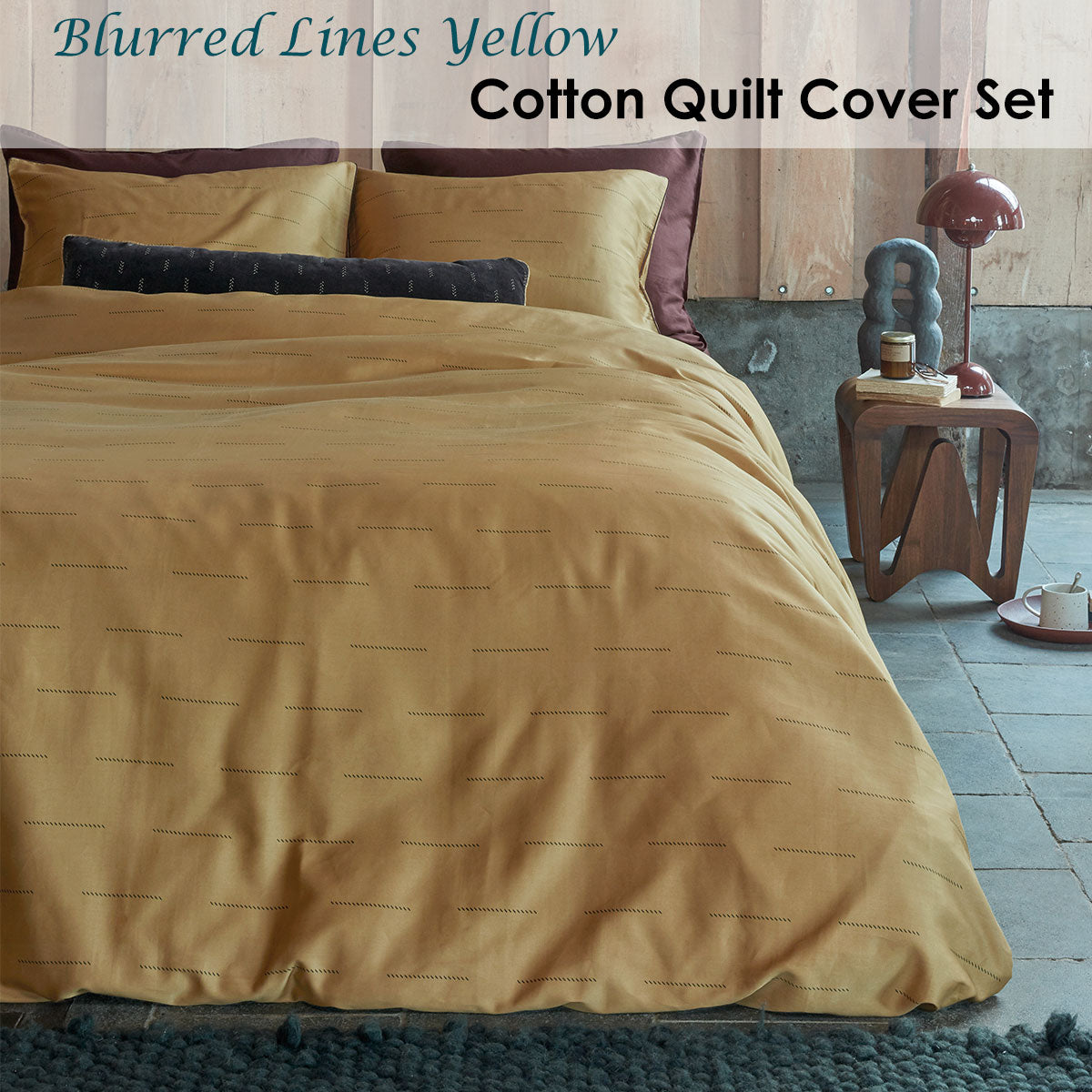 PIP Studio Blurred Lines Yellow Cotton Sateen Quilt Cover Set King featuring diagonal stripes and soft cotton fabric.