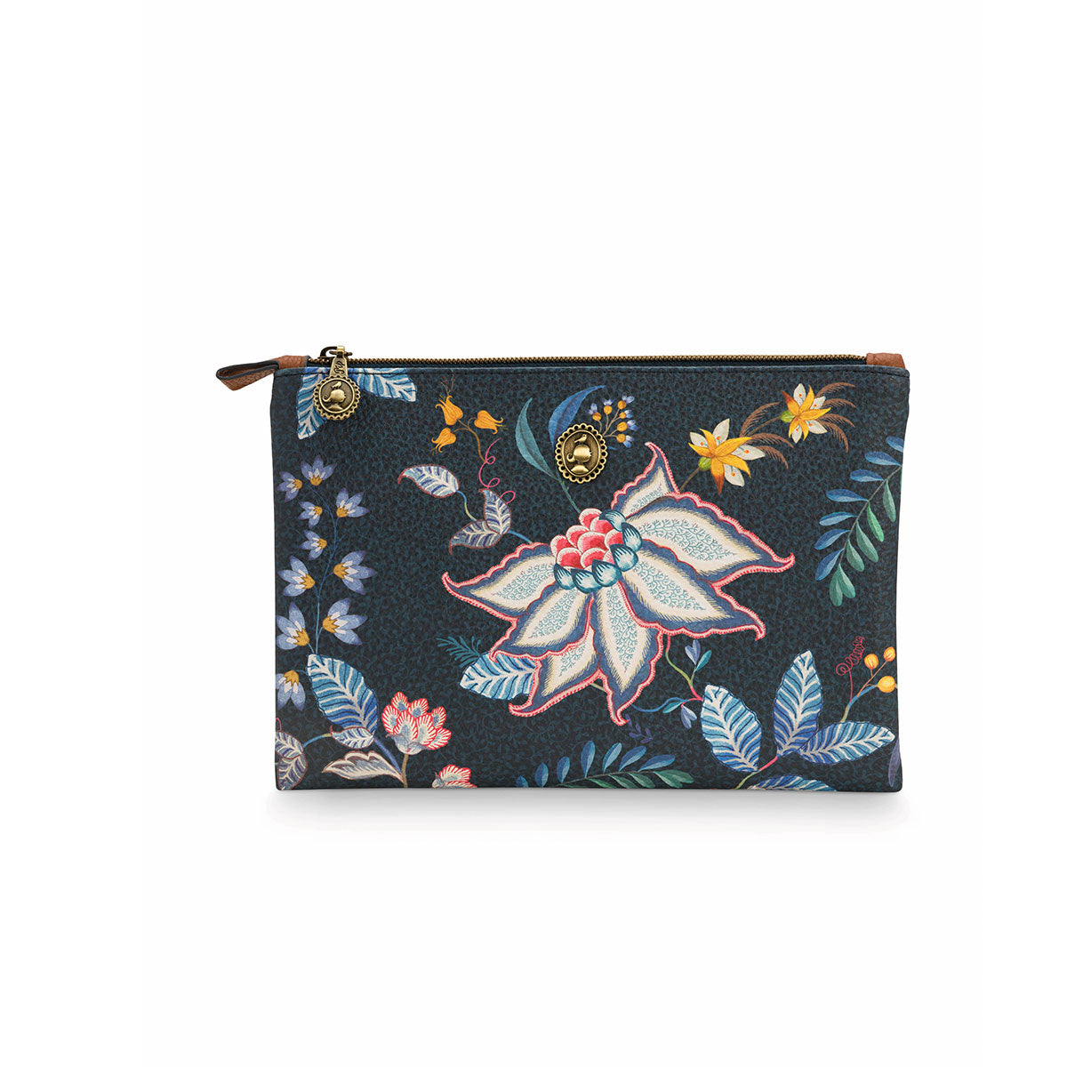 PIP Studio Flower Festival Dark Blue Medium Cosmetic Flat Pouch featuring vibrant floral design and faux leather trim.