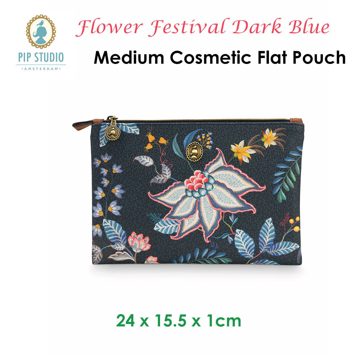 PIP Studio Flower Festival Dark Blue Medium Cosmetic Flat Pouch featuring vibrant floral design and faux leather trim.