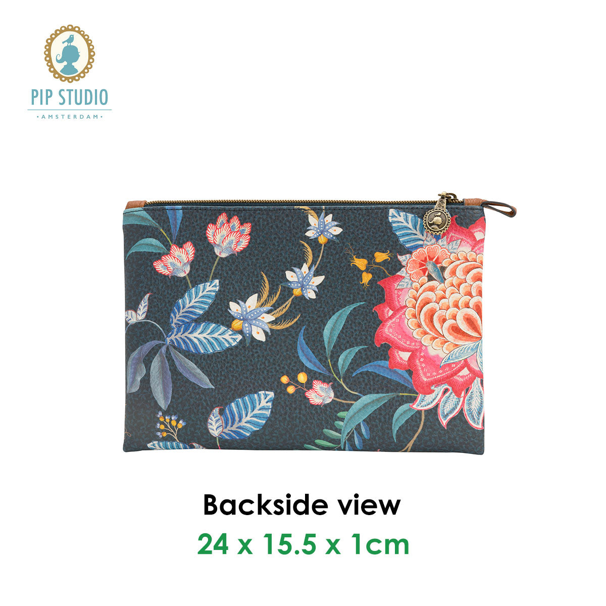 PIP Studio Flower Festival Dark Blue Medium Cosmetic Flat Pouch featuring vibrant floral design and faux leather trim.