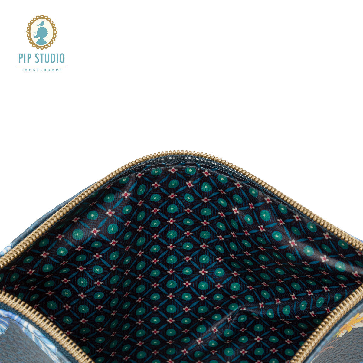 PIP Studio Flower Festival Dark Blue Medium Cosmetic Flat Pouch featuring vibrant floral design and faux leather trim.