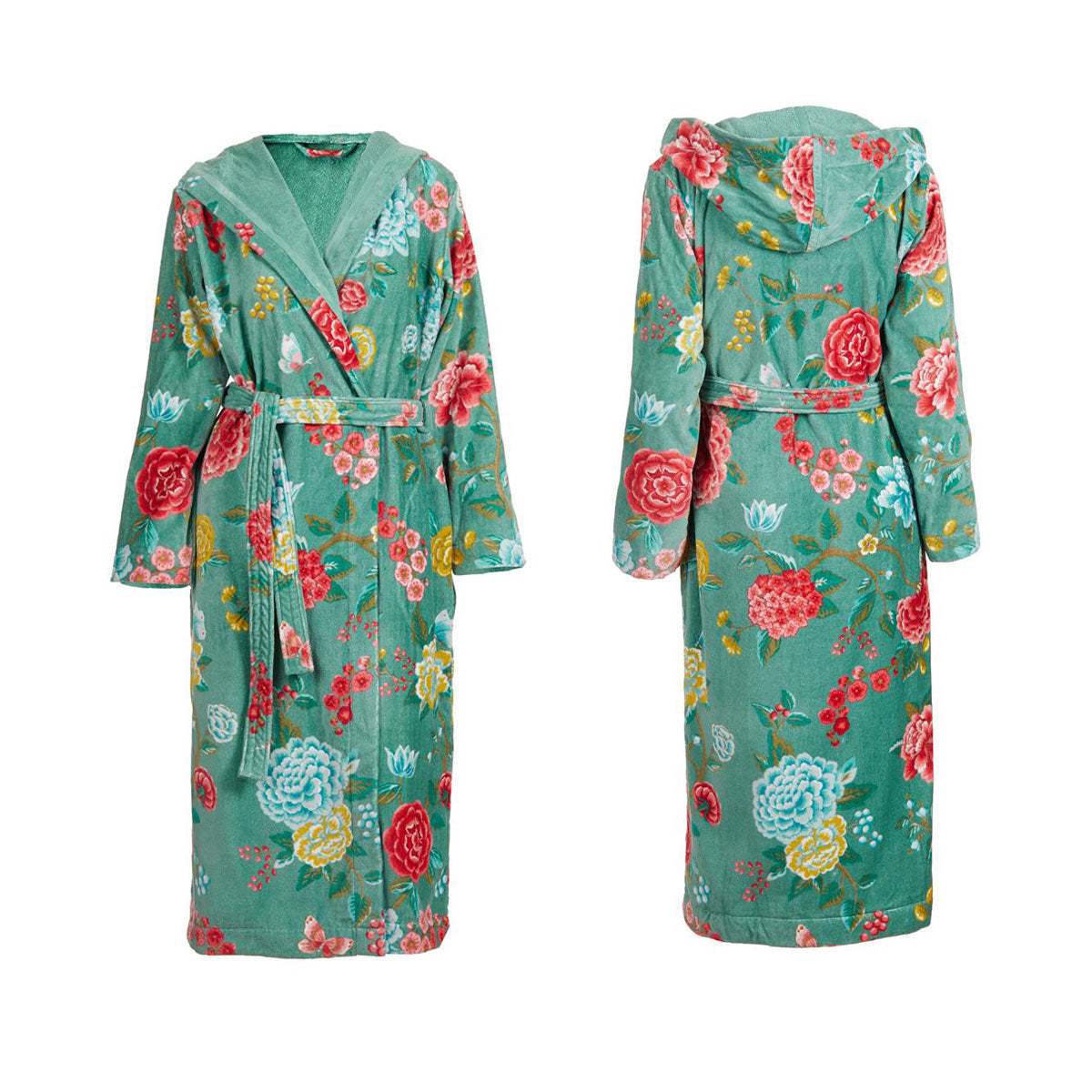 PIP Studio Good Evening Cotton Bath Robe in Green with floral design, featuring a hood and pockets.