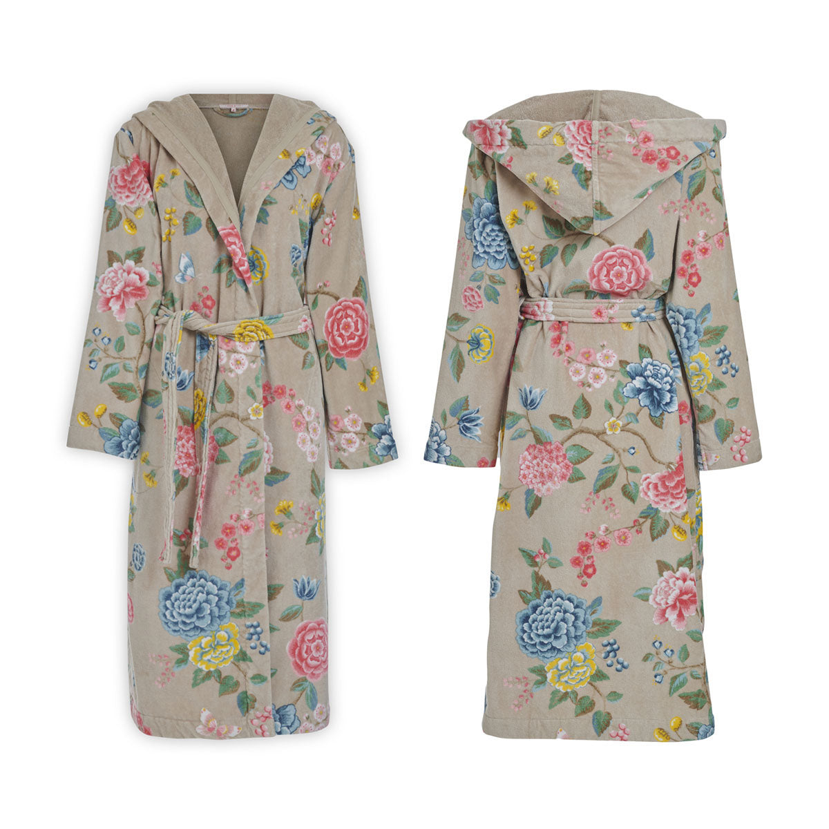 PIP Studio Good Evening Cotton Bath Robe in Khaki XXL with floral print design, tie belt, side pockets, and hood.
