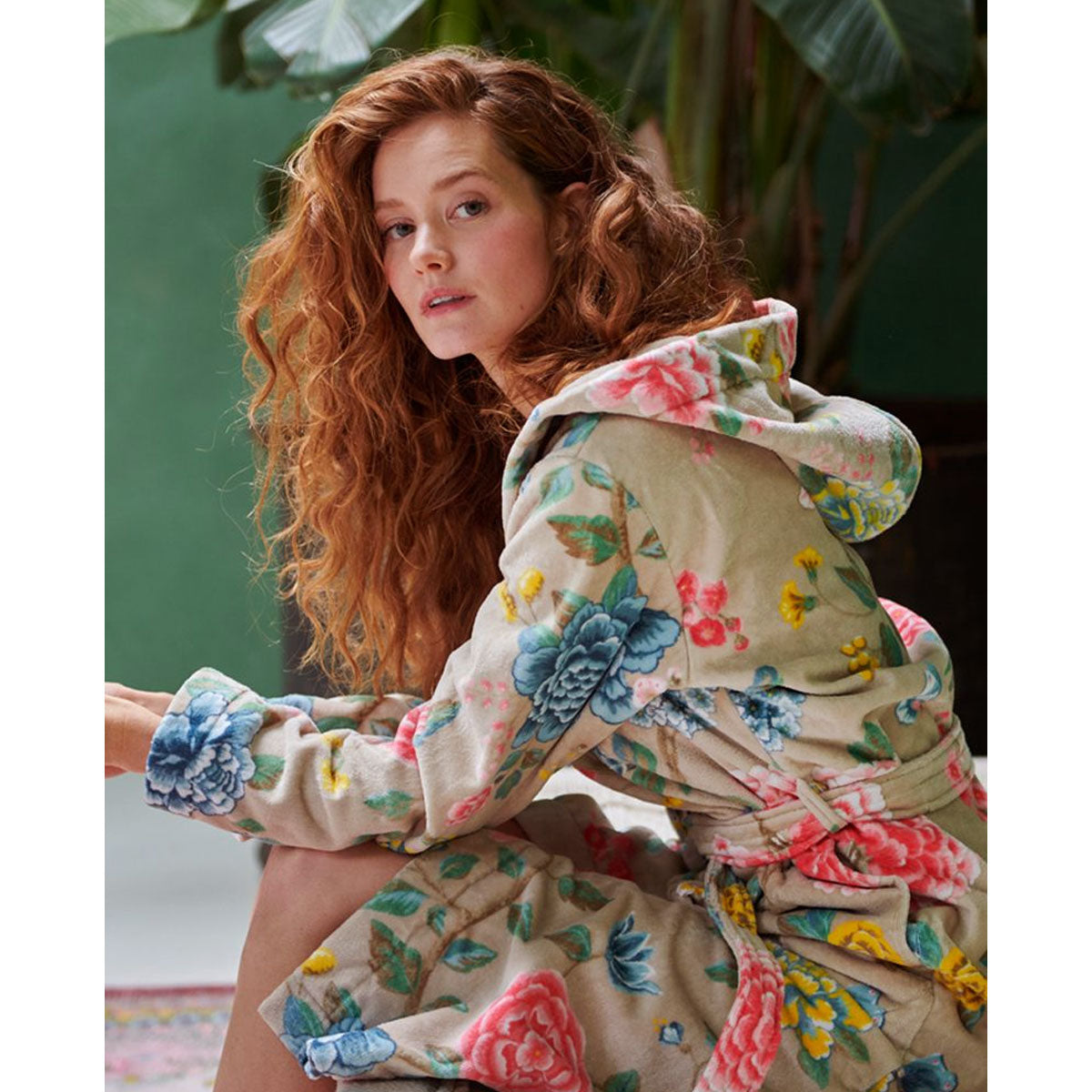 PIP Studio Good Evening Cotton Bath Robe in Khaki XXL with floral print design, tie belt, side pockets, and hood.