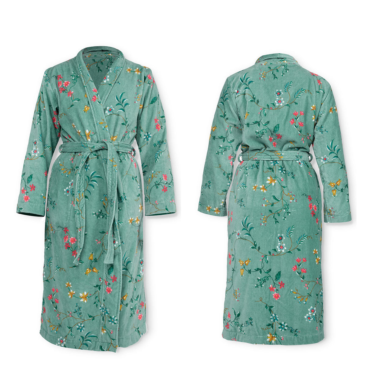 PIP Studio Les Fleurs Cotton Bath Robe in Green XXL featuring floral print design and quilted collar.