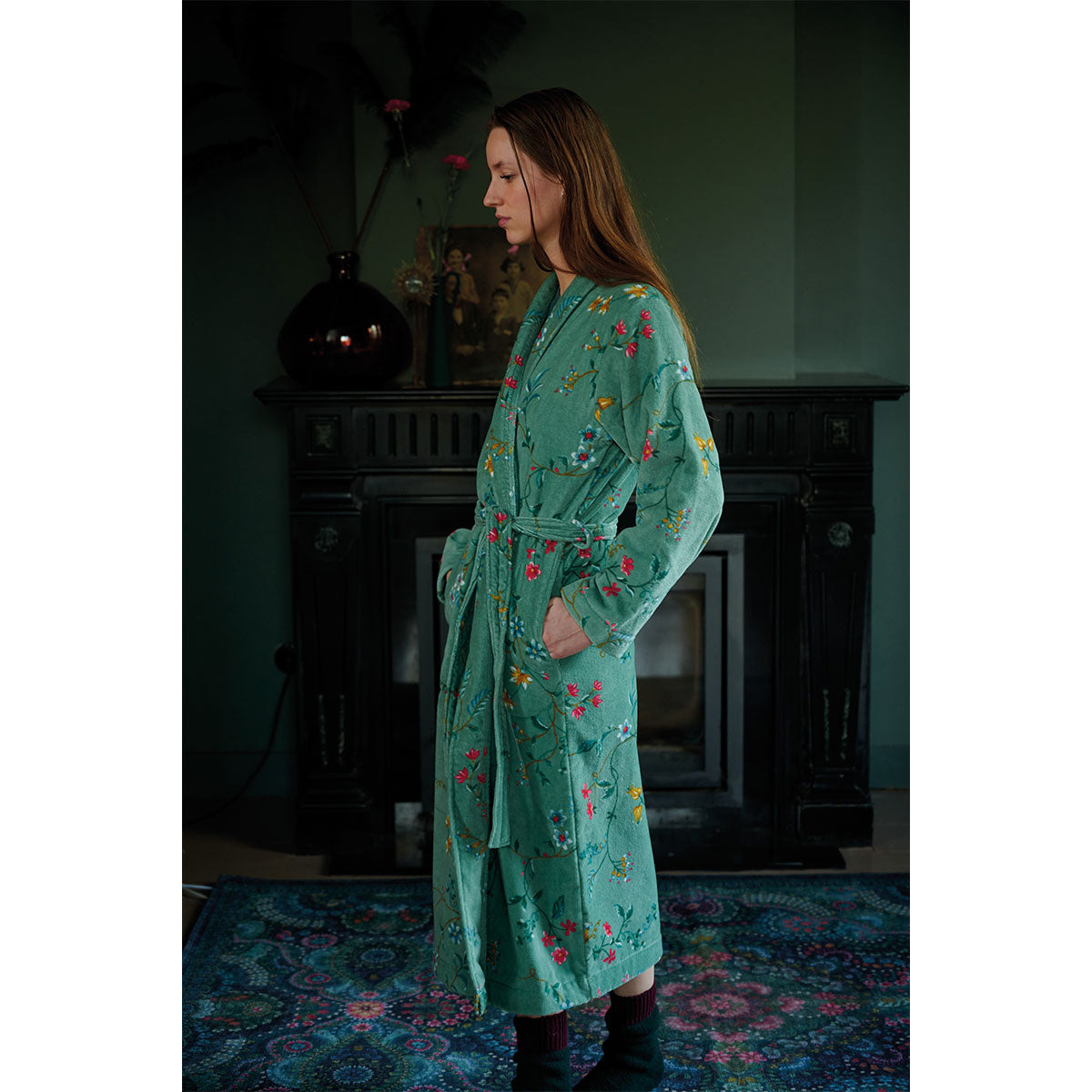 PIP Studio Les Fleurs Cotton Bath Robe in Green XXL featuring floral print design and quilted collar.