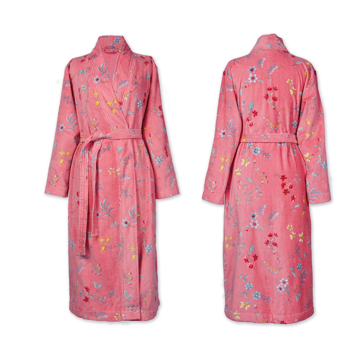 PIP Studio Les Fleurs Cotton Bath Robe Pink XXL featuring floral print and quilted collar, perfect for luxurious lounging.