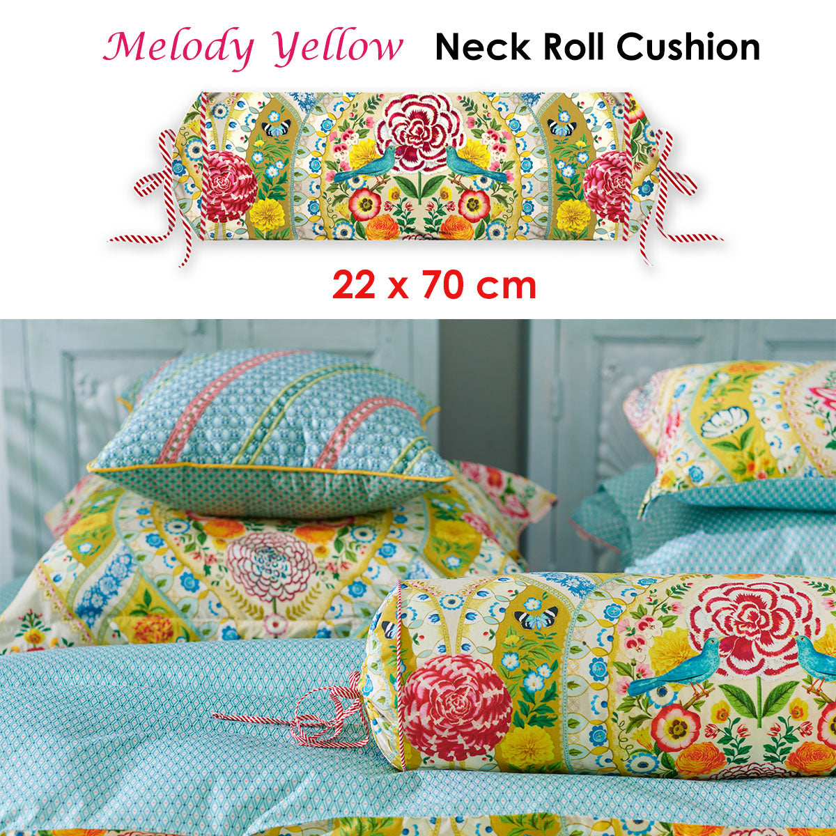 PIP Studio Melody Yellow Neck Roll Cushion featuring vibrant floral print with birds, 22x70 cm, soft cotton cover and polyester filling.