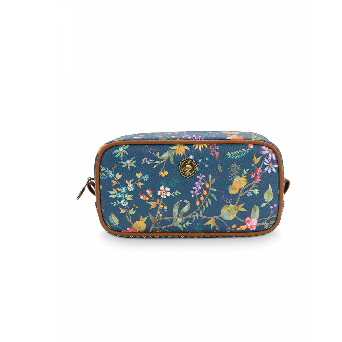 PIP Studio Petites Fleurs Dark Blue Small Square Cosmetic Bag featuring vibrant floral design on a dark blue background.