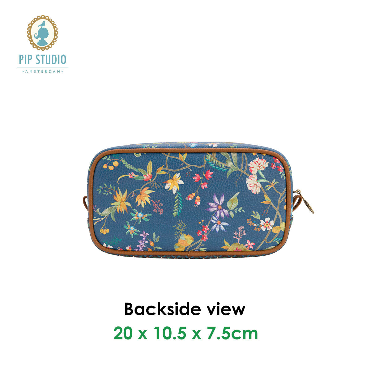 PIP Studio Petites Fleurs Dark Blue Small Square Cosmetic Bag featuring vibrant floral design on a dark blue background.