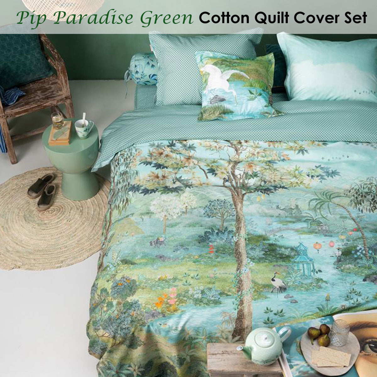 Pip Studio Pip Paradise Green Quilt Cover Set featuring a vibrant landscape print with cranes and herons, made from luxurious 100% cotton.