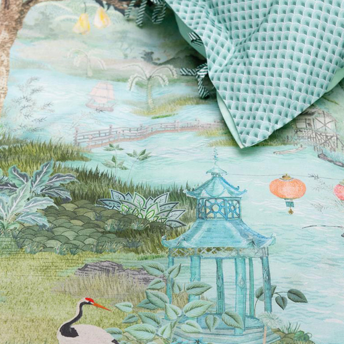 Pip Studio Pip Paradise Green Quilt Cover Set featuring a vibrant landscape print with cranes and herons, made from luxurious 100% cotton.