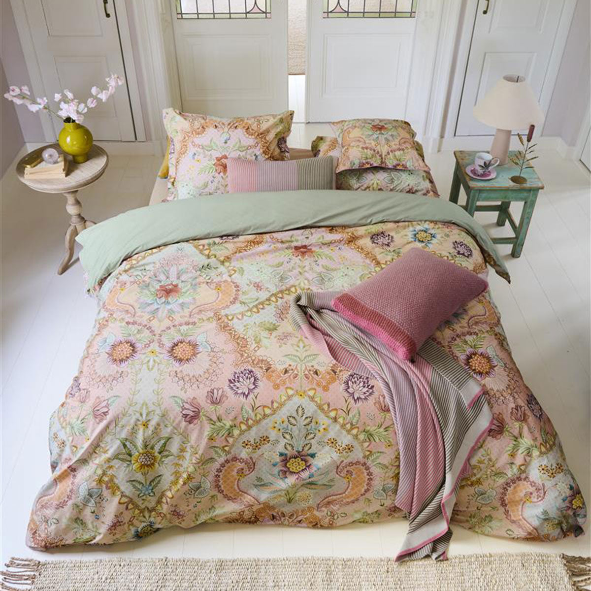 PIP Studio Saluti Grandi Pastel Cotton Quilt Cover Set King featuring floral design and striped back.