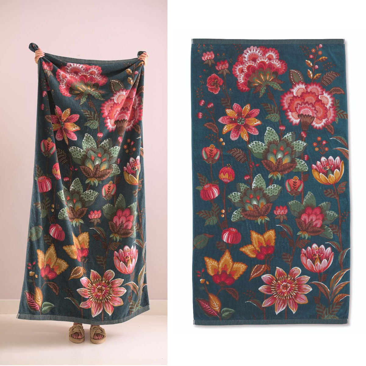 PIP Studio Sunny Side Up Dark Blue Cotton Beach Towel featuring vibrant floral design, measuring 100cm x 180cm.